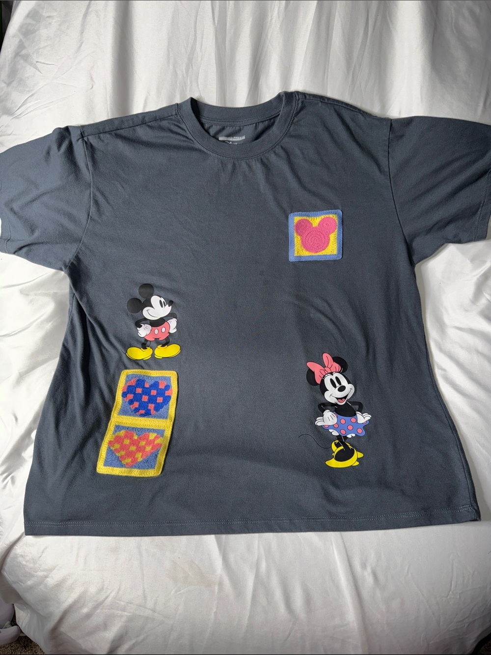 Disney Dark Gray Short Sleeve Tee with crocheted Pink Yellow Blue Accents